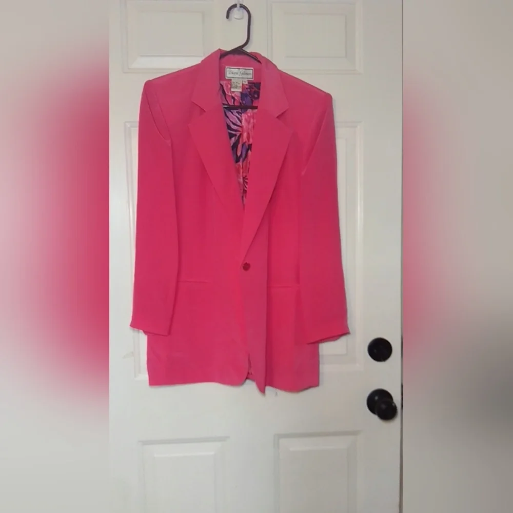 Elegant Pink Blazer with Patterned Scarf